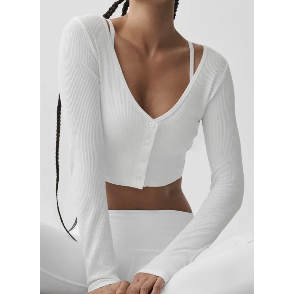 Alo Yoga White Ribbed Cropped Whisper Cardigan - XS
